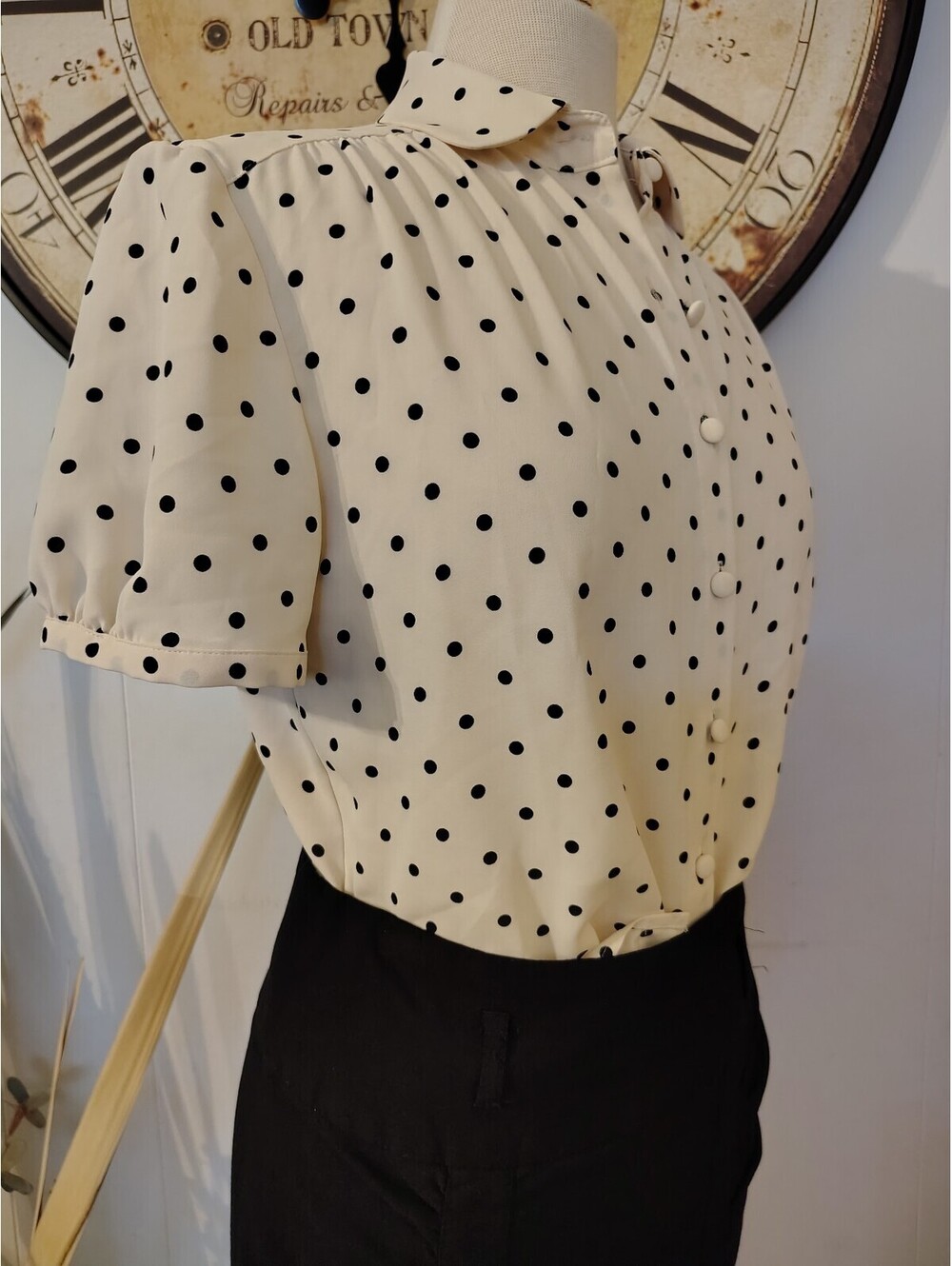 Vintage Style Cream Polka Dot Button-Up Blouse Small - Picture 3 of 9